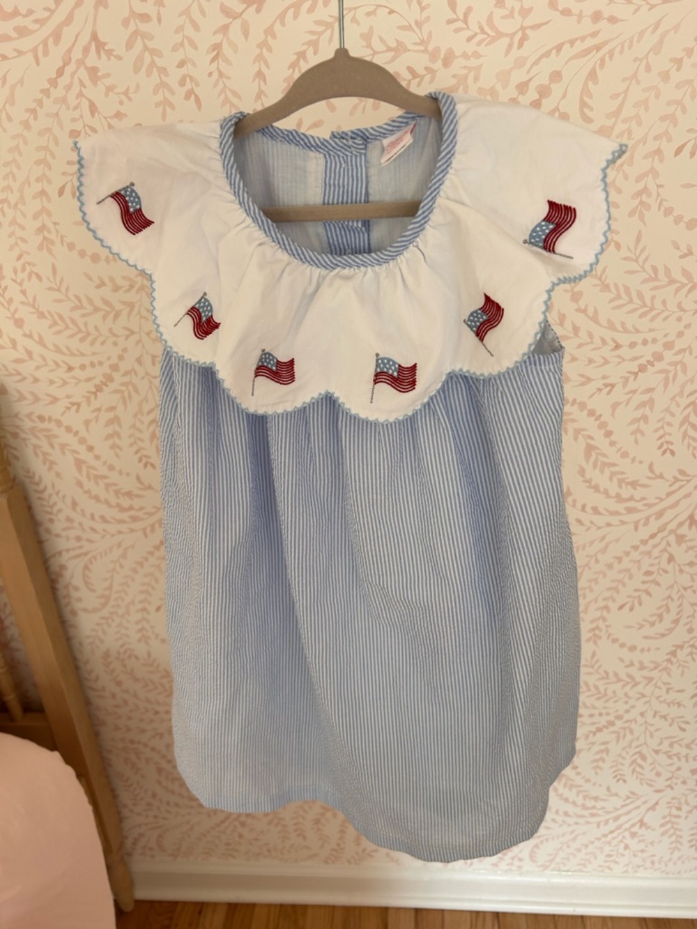 Blue Seersucker Dress with Patriotic Flag Embroidery